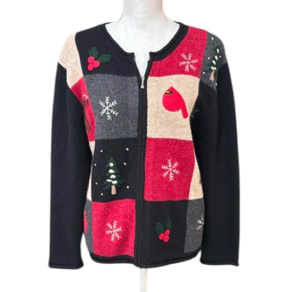 Christmas sweater Multicolor Full Zip Reindeer Christmas Tree Knit Sweater Small